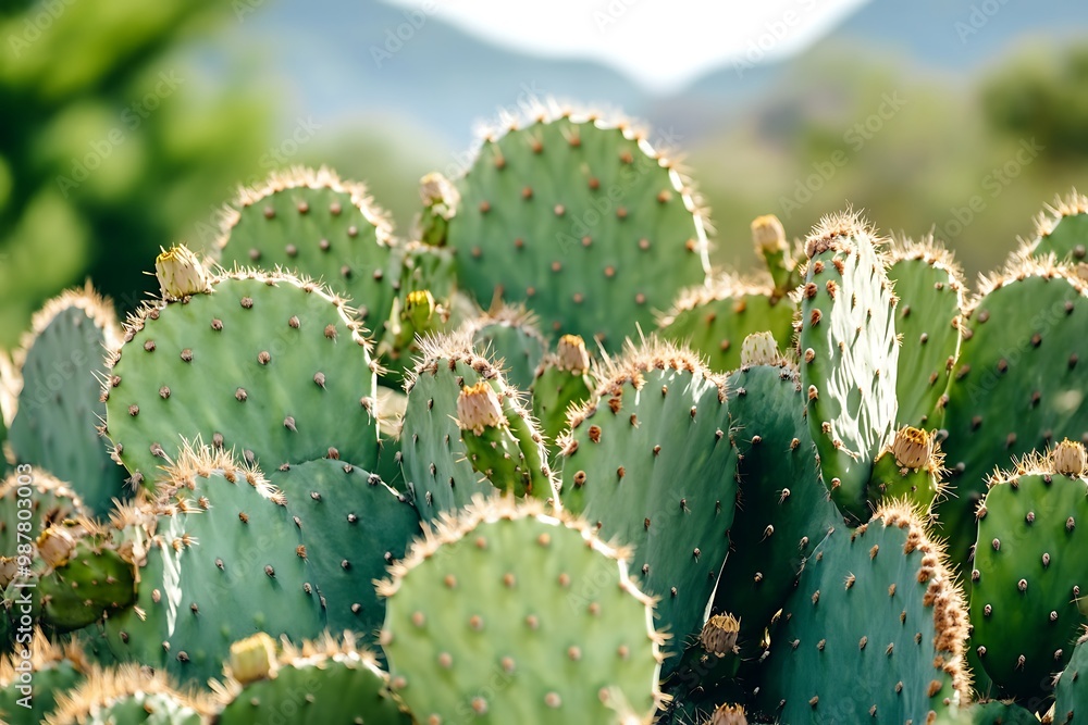Close up of prickly pear cactus pads with soft, blurry mountain background. Close up of prickly pear cactus pads with soft, blurry mountain background.