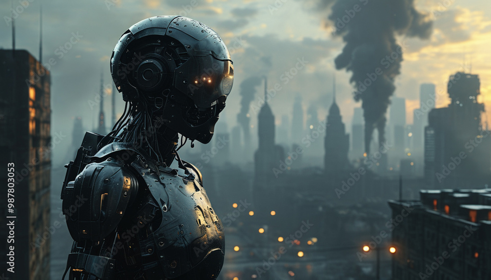 metal cyborg close-up surveying city from above. metal cyborg close-up surveying city from above.