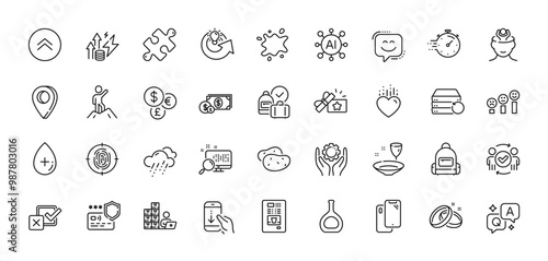 Dollar money, Fingerprint and Cognac bottle line icons pack. AI, Question and Answer, Map pin icons. Timer, Money currency, Loyalty gift web icon. Vector