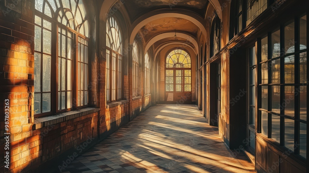 Sunlight Streaming Through Arched Windows in a Brick Corridor Sunlight Streaming Through Arched Windows in a Brick Corridor