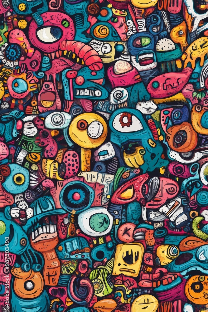 A vibrant and chaotic doodle pattern with colorful and abstract creatures. A vibrant and chaotic doodle pattern with colorful and abstract creatures.