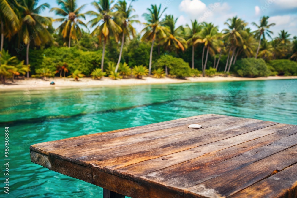 Obraz premium Tropical wooden deck overlooking a turquoise ocean.