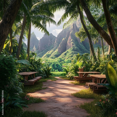 A lush tropical paradise with a pathway leading to a view of dramatic cliffs.