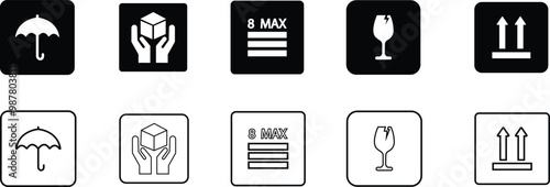 Sticker fragile handle with care, black fragile warning label, label with broken glass symbol, maximum stock, umbrella, direction sign, holding box vector set asset collection line and flat isolated.