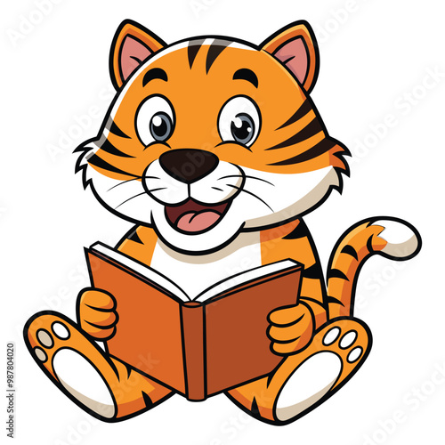 Cute Baby Tiger Reading Book Cartoon Vector Icon Illustration Animal Education Icon