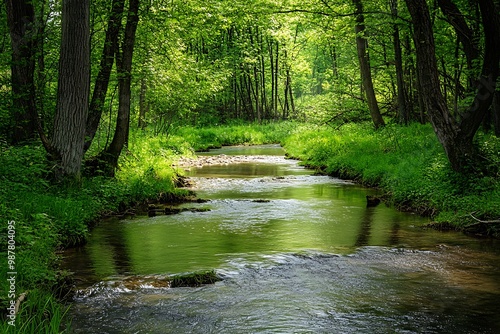 Serene forest stream flowing through lush greenery on a sunny day