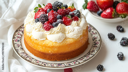 Moist Tres Leches Cake with a creamy, milk-soaked texture, topped with whipped cream and a sprinkle of fresh berries, served on a decorative plate