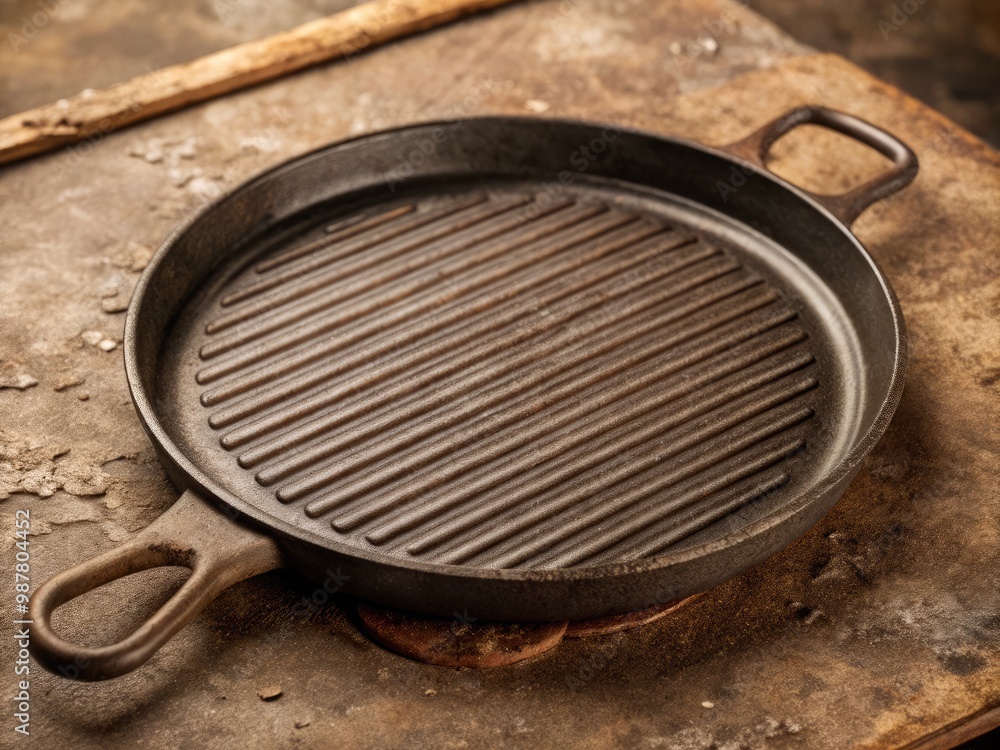 Rustic cast iron grill pan on a wooden table. Rustic cast iron grill pan on a wooden table.