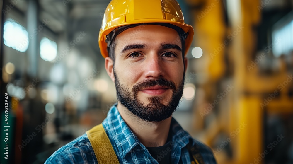 a man wearing a hard hat and a plaid shirt in a factory a man wearing a hard hat and a plaid shirt in a factory