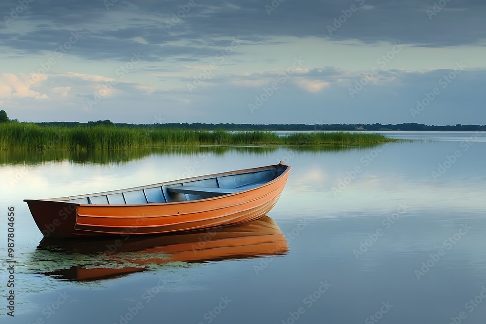 Wooden Rowboat on a Calm Lake with Cloudy Sky Wooden Rowboat on a Calm Lake with Cloudy Sky