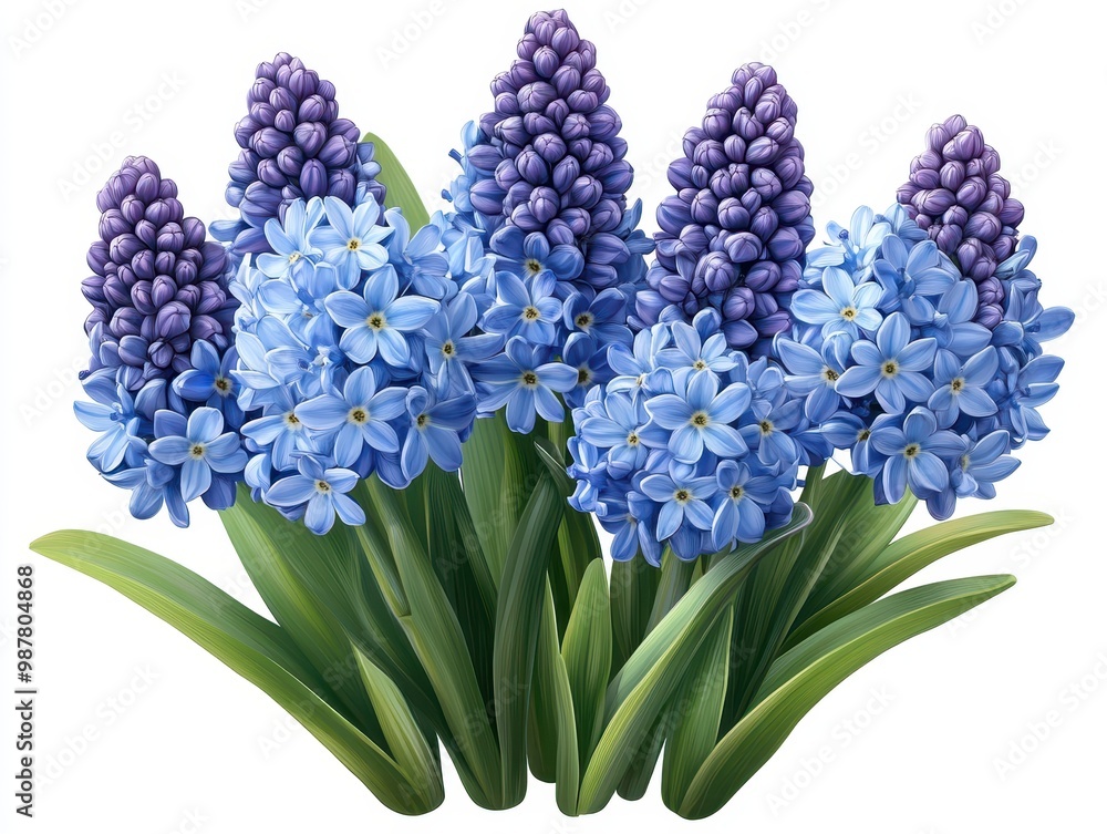Fototapeta premium A vibrant display of blue hyacinth flowers, showcasing their lush petals and rich green leaves, perfect for floral designs, white background
