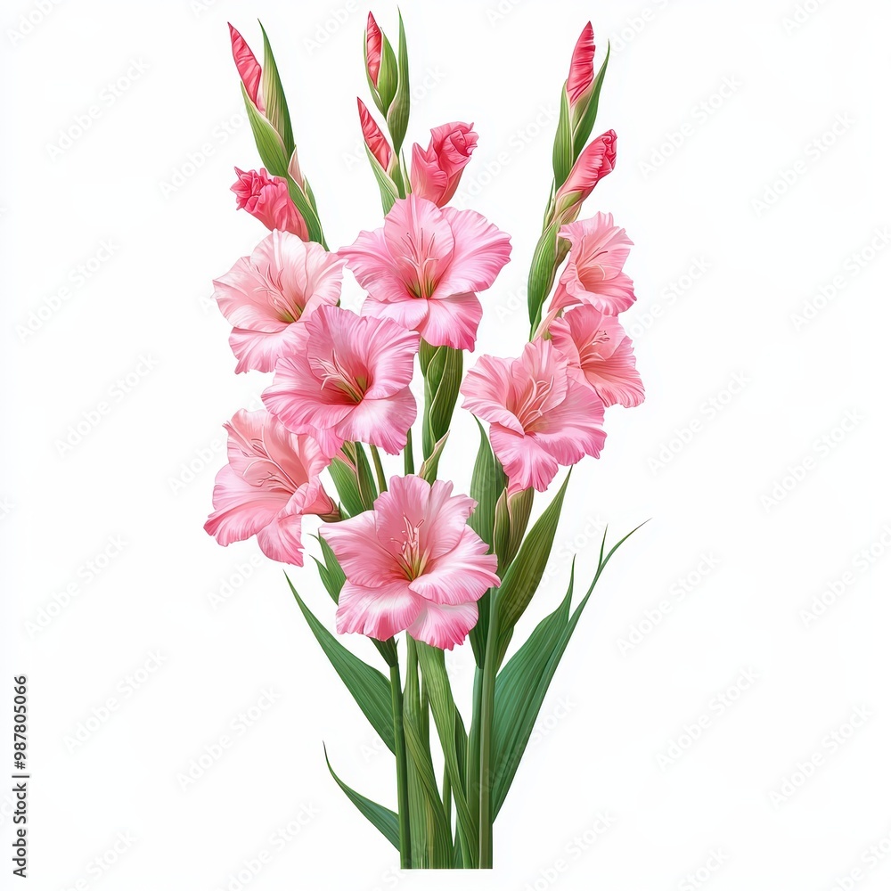 Beautiful pink gladiolus flowers arranged elegantly, perfect for enhancing any floral design or nature-themed project, white background Beautiful pink gladiolus flowers arranged elegantly, perfect for enhancing any floral design or nature-themed project, white background