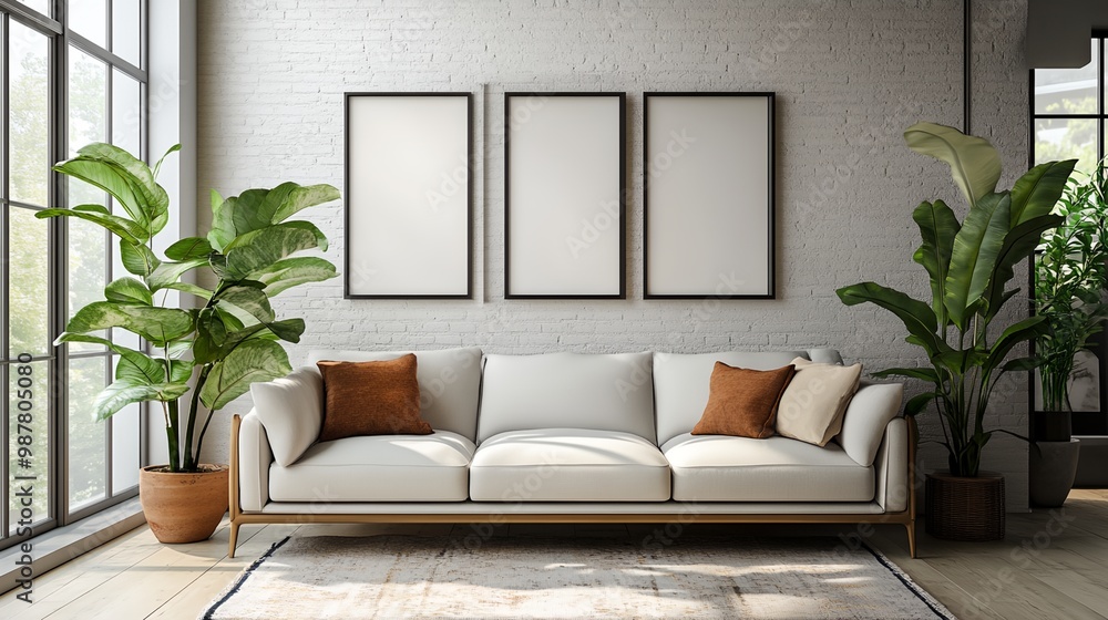 a living room with a couch and three framed pictures on the wall above it a living room with a couch and three framed pictures on the wall above it