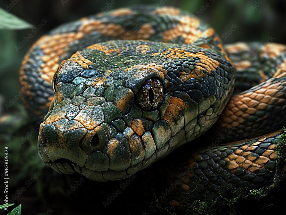 Close-Up Portrait of a Green and Yellow Snake in the Wild Close-Up Portrait of a Green and Yellow Snake in the Wild
