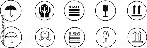 Sticker fragile handle with care, black fragile warning label, label with broken glass symbol, maximum stock, umbrella, direction sign, holding box vector set asset collection line and flat isolated.