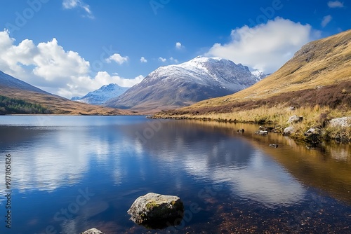 Scenic mountain lake with clear blue water and snow capped peak reflecting on the surface photo