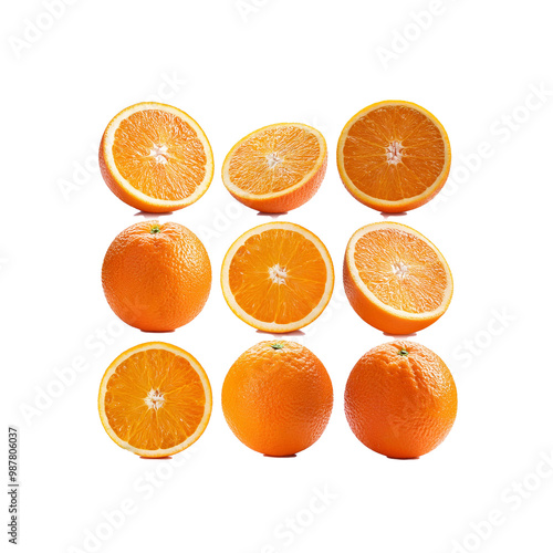 Orange oranges fruit, many angles and view side top sliced halved cut isolated on transparent background, PNG file. 