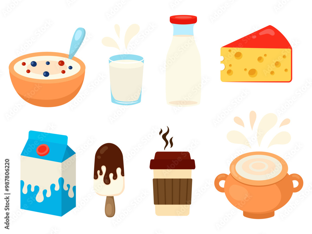 Set of dairy products in different packages. Milk splashes. Vector illustration Set of dairy products in different packages. Milk splashes. Vector illustration