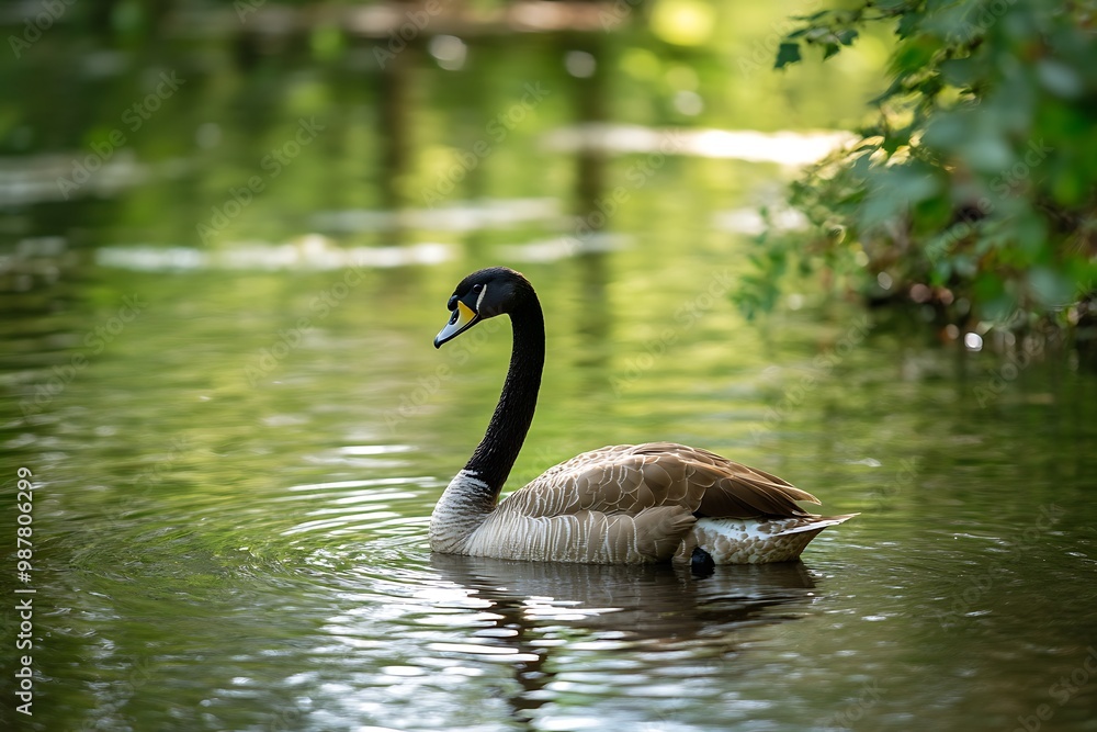 Single Goose Swimming in Calm River Water with Lush Green Foliage in Background Single Goose Swimming in Calm River Water with Lush Green Foliage in Background