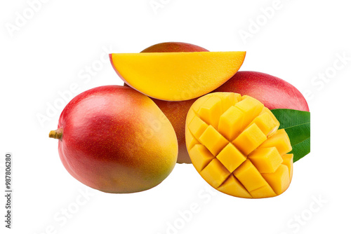 Mango Mangoes fruit, many angles and view side top front sliced halved group on transparent background, PNG file. 