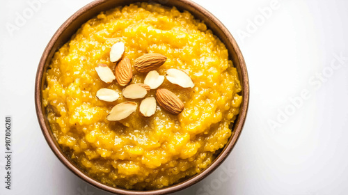 Rich, golden Moong Dal Ka Halwa garnished with almonds and cardamom, served in a traditional bowl