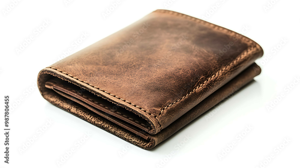 A brown leather wallet on a white background. A brown leather wallet on a white background.