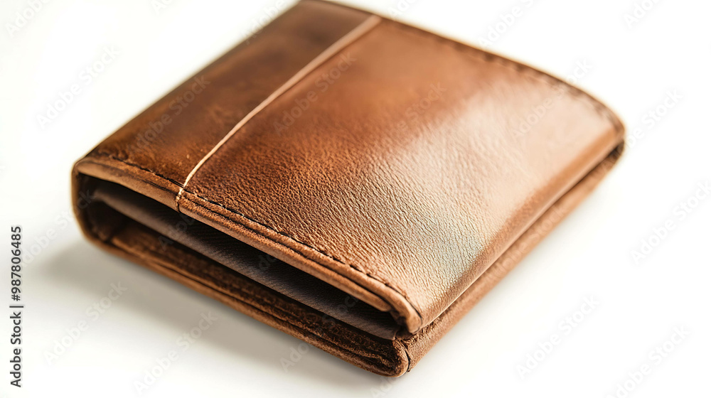 Close-up of a brown leather wallet with stitched edges. Close-up of a brown leather wallet with stitched edges.