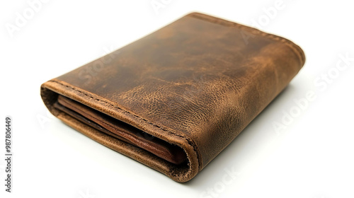 Distressed brown leather wallet isolated on white background.