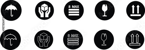 Sticker fragile handle with care, black fragile warning label, label with broken glass symbol, maximum stock, umbrella, direction sign, holding box vector set asset collection line and flat isolated.
