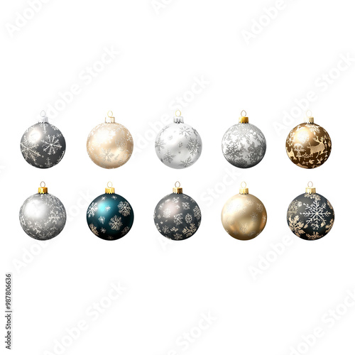 Christmas ornaments in various designs with various patterns and shapes, cut out