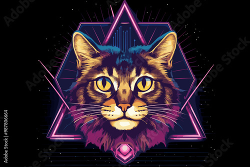 Retro Neon Cat with Geometric Triangles and Futuristic Vibes