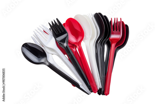 Set of Cutlery of plastic disposable colorful party spoon, fork knife on transparent background, PNG file.red black white