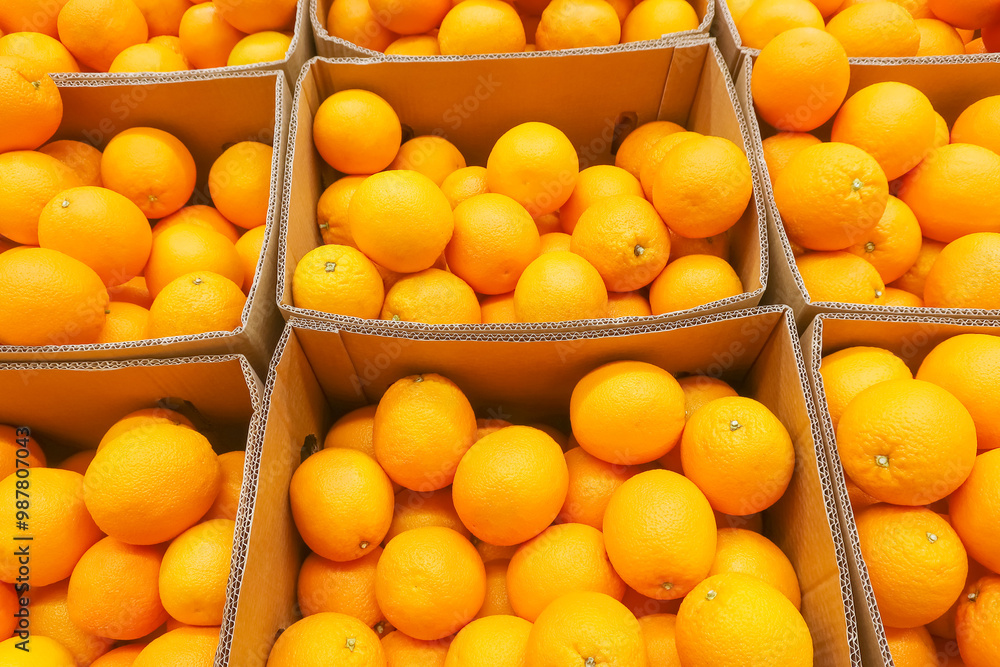 New crop of ripe, juicy oranges in cardboard boxes at the supermarket New crop of ripe, juicy oranges in cardboard boxes at the supermarket