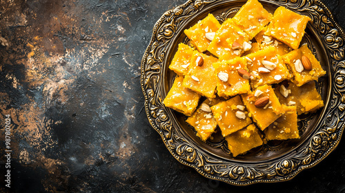 Rich, golden Sohan Halwa, cut into diamond-shaped pieces and garnished with nuts, arranged on a decorative plate photo