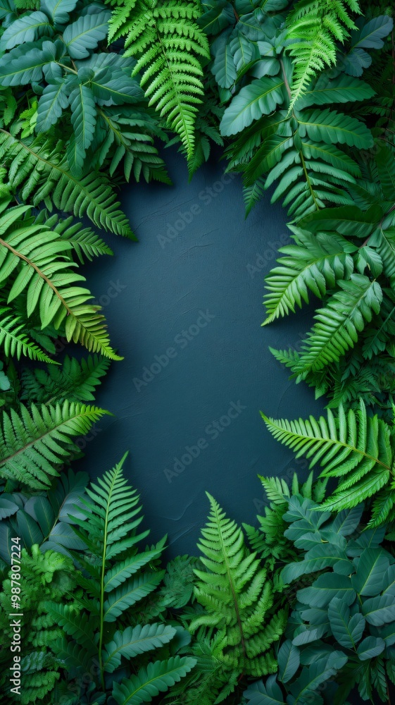 Lush green leaves arranged in a frame around a teal background. Lush green leaves arranged in a frame around a teal background.