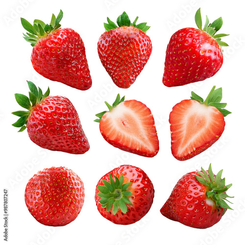 Strawberry Strawberries, many angles and view side top front sliced halved group isolated on transparent background, PNG file. 