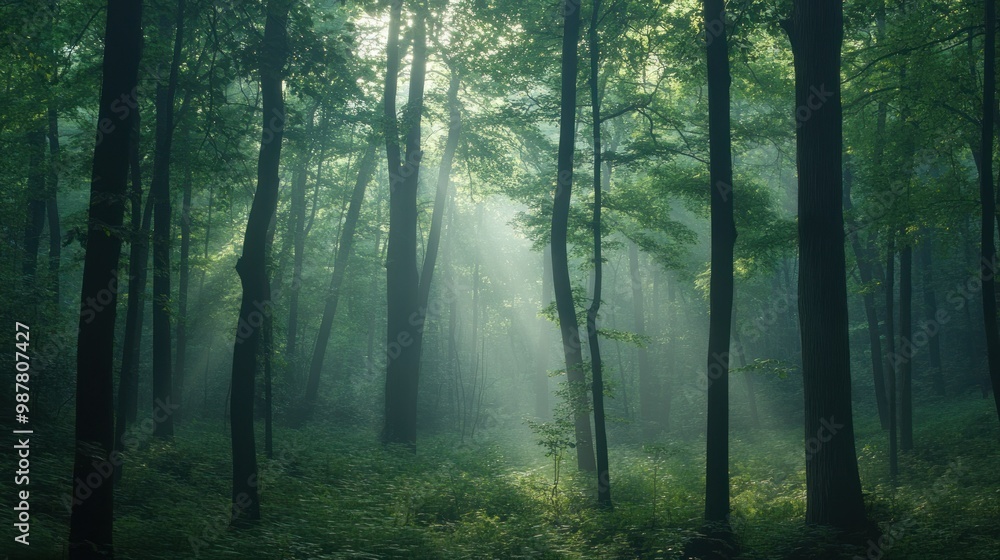 Obraz premium Sunbeams Illuminating a Misty Forest Path