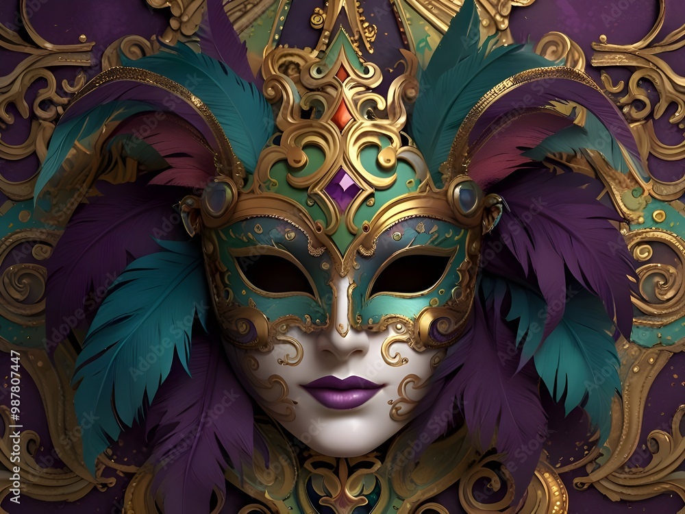 Carnival Mask with Feathers: Illustrate a luxurious, ornate Venetian mask incorporating traditional Mardi Gras colors and intricate lacework. Carnival Mask with Feathers: Illustrate a luxurious, ornate Venetian mask incorporating traditional Mardi Gras colors and intricate lacework.