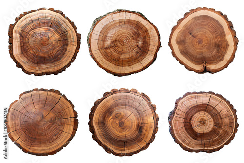 A round wooden display of tree trunk stump wood is on a transparent background PNG file. Assorted wood slice design