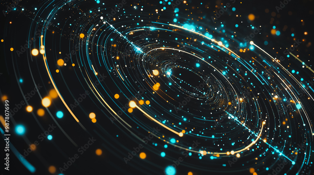Obraz premium Abstract black background with Colorful geometric and circle lines. Digital future technology . Abstract business connection of lines from nodes innovation of communication in the network.