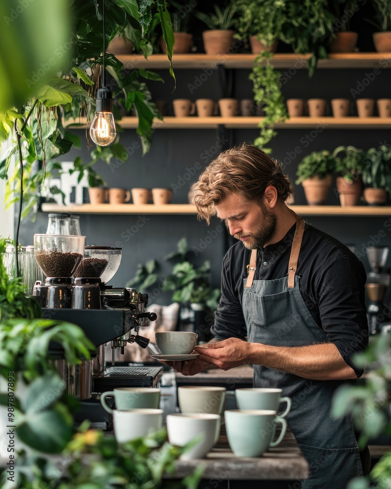 Barista Serving Coffee in Eco-Friendly Cups Surrounded by Plants and Sustainable Decor Barista Serving Coffee in Eco-Friendly Cups Surrounded by Plants and Sustainable Decor