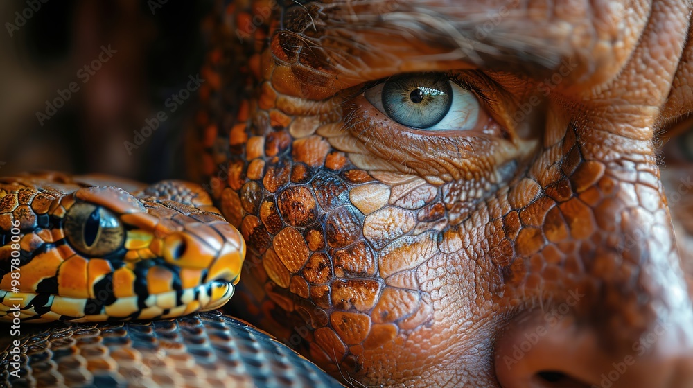 Fototapeta premium Snake man. Portrait of a man's face with a snake