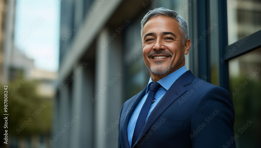 A cheerful businessman in a suit stands outside a modern office on a sunny day A cheerful businessman in a suit stands outside a modern office on a sunny day