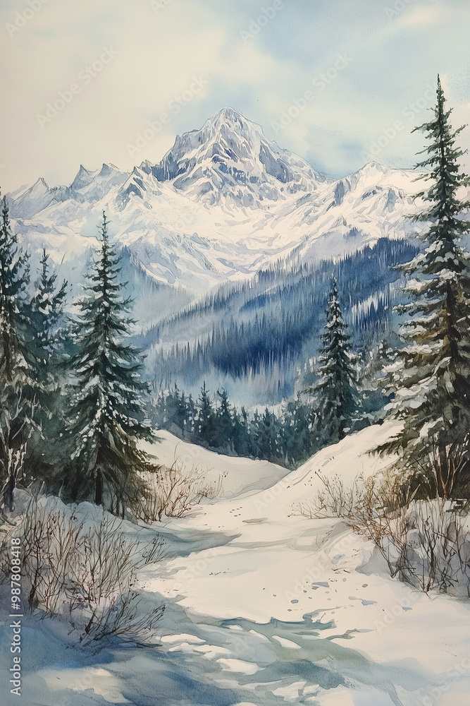 Winter Mountain scenery, watercolor Winter Mountain scenery, watercolor