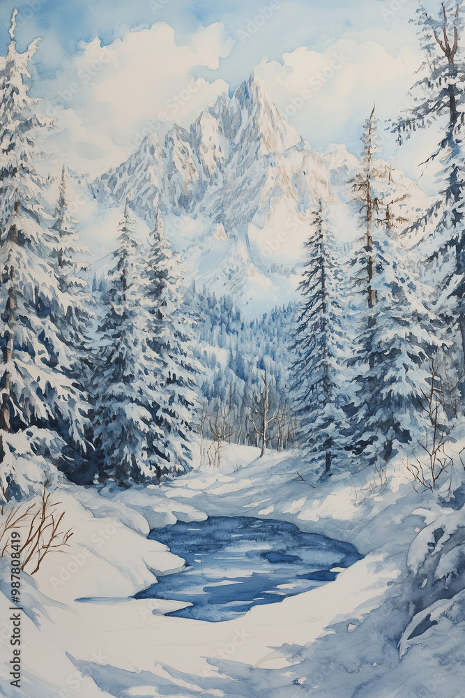 Naklejka premium Winter Mountain scenery, watercolor