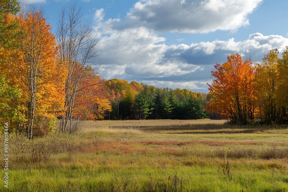 Autumn Landscape with Golden Trees and Meadow in Sunlight Autumn Landscape with Golden Trees and Meadow in Sunlight