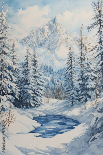 Winter Mountain scenery, watercolor