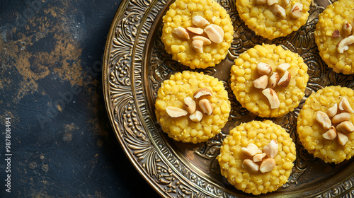 Round, golden Urad Dal Pinni with a textured surface and garnished with nuts, arranged on a decorative plate photo