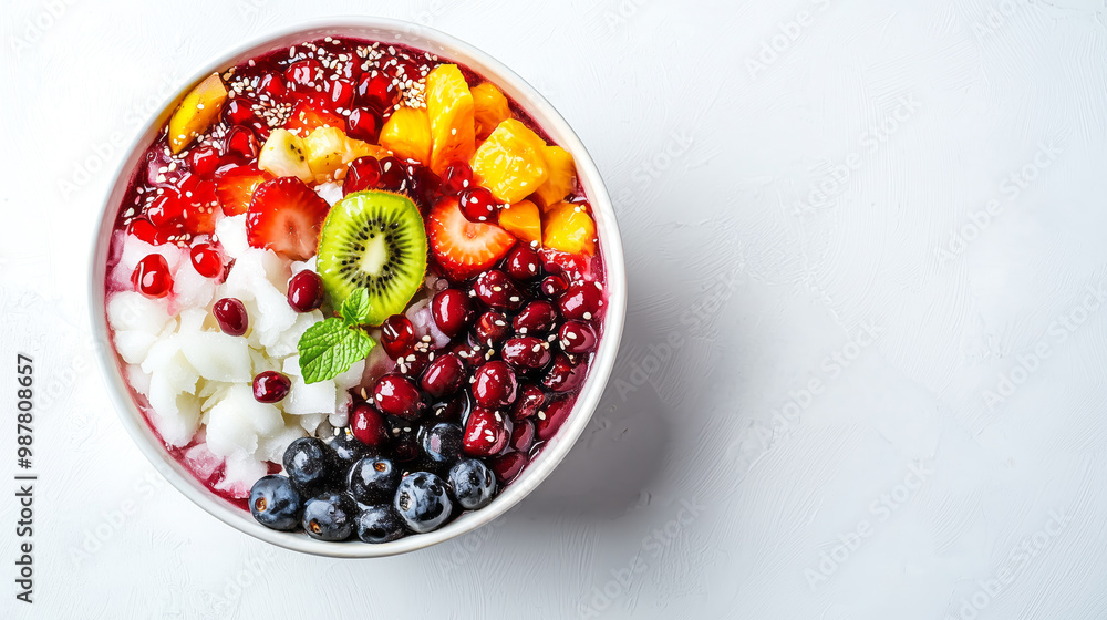 Shaved ice Bingsu topped with sweetened red beans, fresh fruit, and condensed milk, served in a bowl Shaved ice Bingsu topped with sweetened red beans, fresh fruit, and condensed milk, served in a bowl