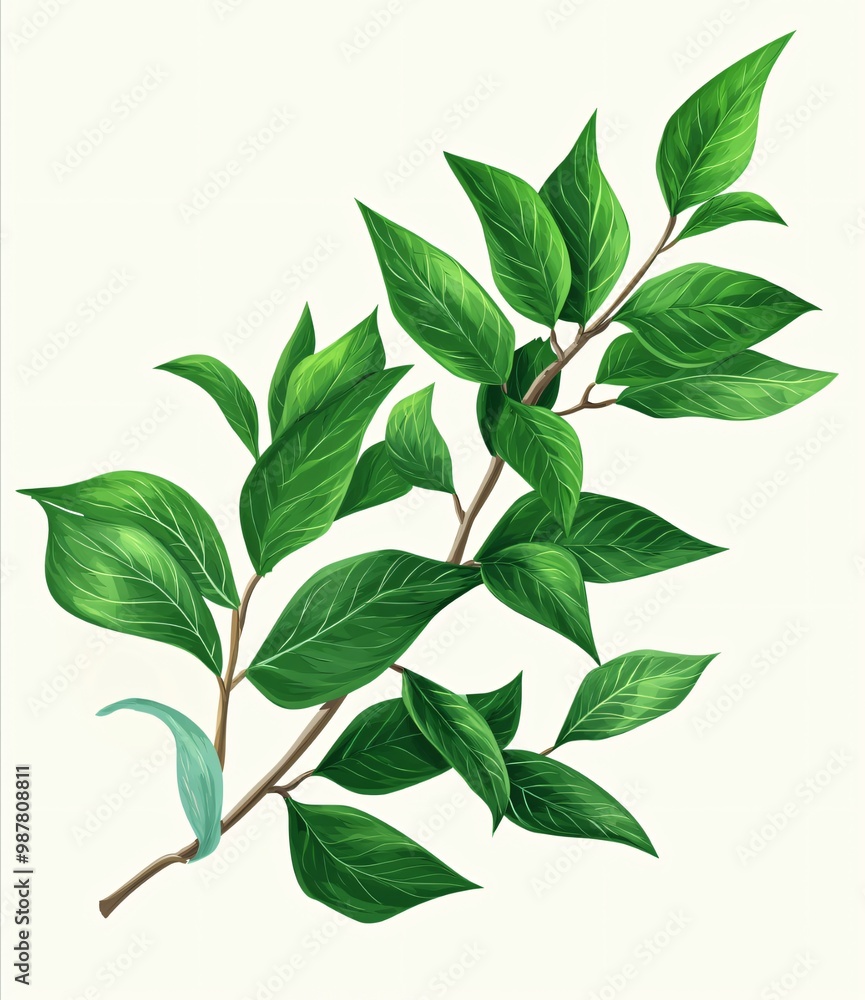Lush green leaves on a branch isolated on a white background. Lush green leaves on a branch isolated on a white background.